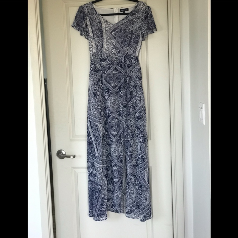 White and island blue dress